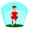Little goalkeeper. A young man is going to play football. Kid with a soccer ball in front of goal. Flat style.