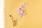 Little golden saxophone and pink daisies on orange background.