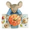 Little gray mouse in blue jacket sits an the table