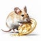 Little gray mouse nibbles on a gold coin, isolated on white close-up.