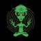 Little green alien meditating. Alien Yoga showing piece signs. Space ships.Vector Illustration.