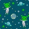 Little green aliens fly in space among planets and flying saucers. Seamless pattern with cute and funny UFO.