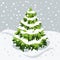 Little green Christmas tree under white fluffy snow. Illustration in flat style.