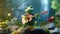 A little green frog sits on a rock in the forest and plays the guitar