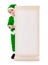 Little green Santa Claus boy pointing at big wish list