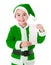 Little green Santa Claus boy showing wish list