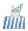 Little grey kitten sitting inside striped gift box and wearing light blue cone party hat with polkadot pattern.