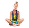 Little gymnast sitting on the floor with skipping rope