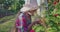 Little happy beautiful girl, young farmer smelling roses flowers in rural garden, slow motion 4k video.