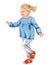 Little happy girl in blue blouse, white jeans and colorful shoes. Blonde hair with a red scrunchie