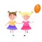 Little happy sisters holding hands and running with orange balloon.