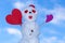 Little happy valentine snowman red heart paper card outdoor. Winter.