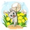 Little Hare flies on a dandelion. Funny comic baby Rabbit animal. Summer meadow with flowers. Cute cartoon style