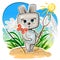 Little Hare wants to catch a butterfly. Funny comic child of rabbit animal. Summer meadow with flowers. Cute cartoon