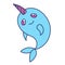 Little heart touching narwhal in kawaii style. Isolated vector illustration for graphic design layouts