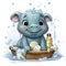 little hippopotamus bathing in a basin on white background