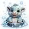 little hippopotamus bathing in a basin on white background