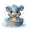 little hippopotamus bathing in a basin on white background