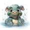 little hippopotamus bathing in a basin on white background