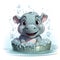 little hippopotamus bathing in a basin on white background