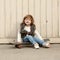 Little hipster girl with skateboard portrait