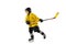 Little hockey player with the stick on ice court and white studio background