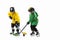 Little hockey players with the sticks on ice court and white studio background