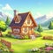 A little house in a beautiful meadow with colorful flowers, tree and mountain view, blue sky, clouds, nature, cartoon art