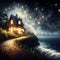 A little house with light nearby a beautiful ocean at a starry night scene, waves, street, sky, wallart, wallpaper, t-shirt design