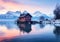 A little house in the middle of the water with mountains in the background. Color palette with the essence of nature. Winter time.