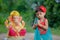 Little Indian girl child with lord ganesha and praying , Indian ganesh festival