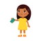 Little Indian girl with empty wallet in hand. Upset poor child cartoon character.