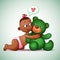 Little Indian girl hugging teddy bear green. She