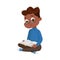 Little Intelligent African American Boy Sitting on Floor and Reading Book, Education and Knowledge Concept Cartoon Style