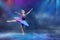 A little Japanese ballerina dances on stage in a lilac tutu on pointe shoes classical ballet