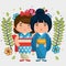 Little japanese couple girls kawaii with flowers characters