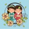 Little japanese couple girls kawaii with flowers characters