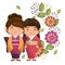 Little japanese couple girls kawaii with flowers characters