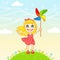 Little joyful girl plays a pinwheel