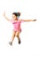 Little jumping caucasian girl with a headphones