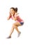 Little jumping caucasian girl with a headphones