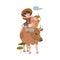 Little Kid as Asian Farmer in Straw Hat Sitting on Bull with Wicker Basket of Lotus Flowers Vector Illustration