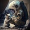 A little kid in an astronaut costume with a cute kitten. Generated by artificial intelligence