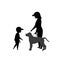 Little kid boy asking for dog owner permission to tease the pet silhouette
