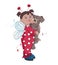 Little kid in ladybug clothes holding pug dog licking her