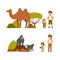 Little Kid with Parent Traveler Visiting Tropical National Park Watching Camel and Gorilla Vector Illustration Set