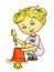 Little kid playing with basket, shovel and toys in sand box cartoon. Cute happy girl building sand castle. Childhood
