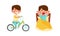 Little kid daily routine. Cute boy Cute boy riding bike and awakening up at morning cartoon vector illustration