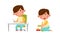 Little kid daily routine. Cute boy sitting at table doing lesson and playing with toy building blocks cartoon vector