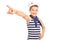 Little kid in a sailor costume pointing forward